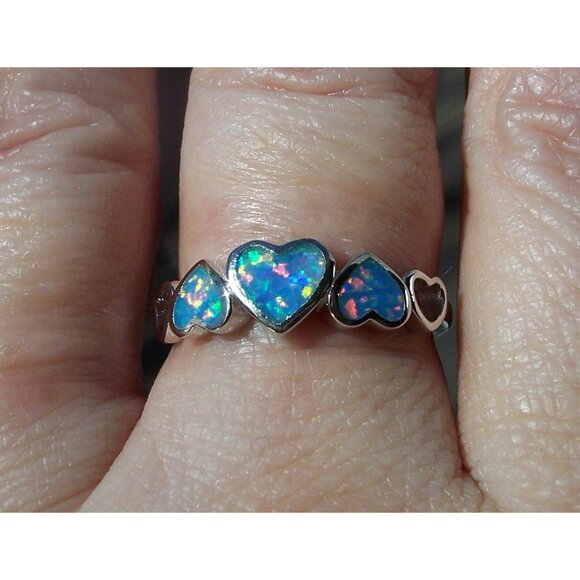 925 STERLING SILVER Lab Created Blue Lavender Fire Opal Hears Ring - Picture 10 of 14